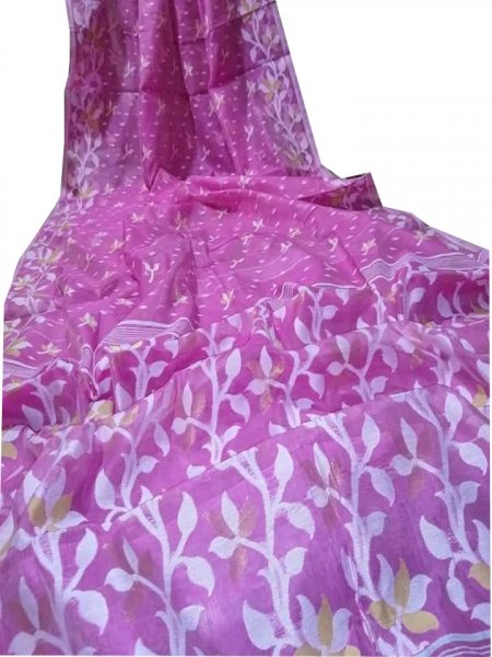 Purple and White dhakai jamdani saree without blouse piece